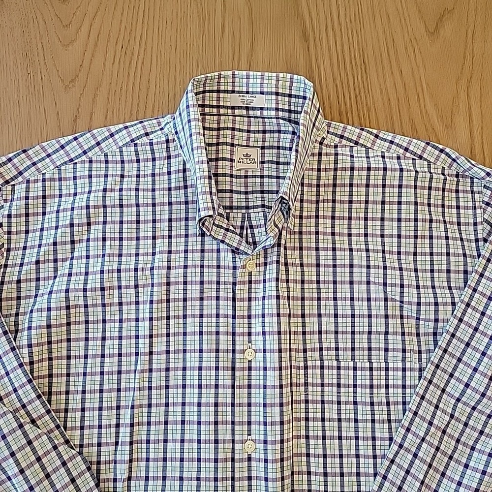 Peter Millar Shirt Men XL Green Purple Plaid Check Button Down Pocket Long Sleev